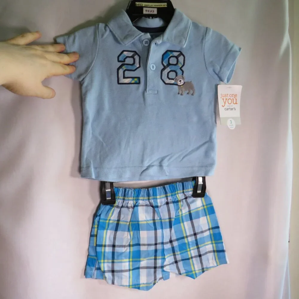 Baby Sports #28 & Dog w Plaid Shorts 3mts 2pc Embroidered 100% cotton